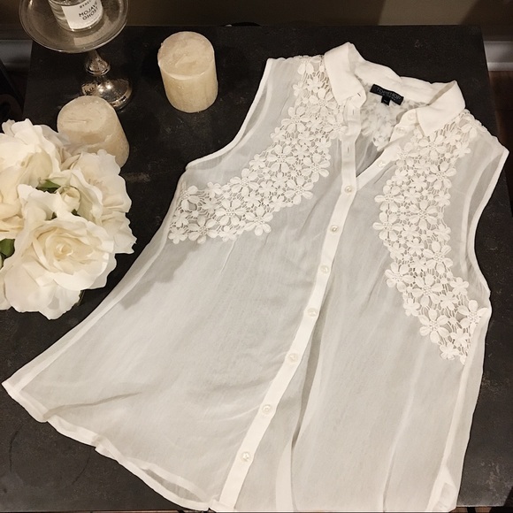 Topshop Tops - Topshop Button Down Tank with Lace Detail.